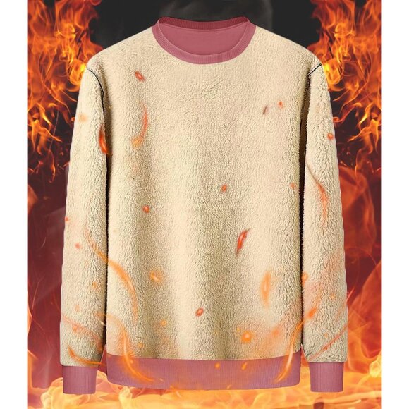 Mens Crewneck Sweatshirt Fleece Lined Warm Pink Outdoor Long Sleeve Pullover - Picture 2 of 6